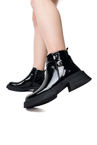 RABU Siyah Kadın Rugan Hakiki Deri Bilekte Kalın Taban  Günlük Rahat Bot