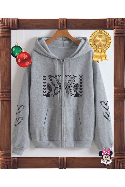 HOFFNUNG Cardigan cu fermoar cu 3 fire pentru femei, gri, cu glugă, cu fermoar, buzunar cangur, cu imprimeu gotic cu inimă
