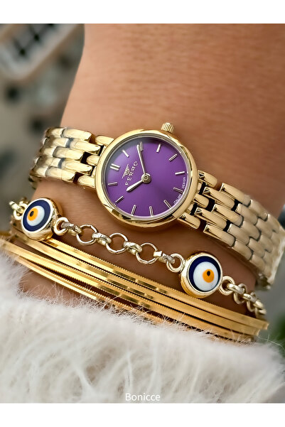 FERRO Marka Sarı Renk Çelik Kordon, MOR Kadran Mini Kasa Kadın Kol Saati + Bi...