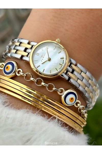 FERRO Brand Yellow Silver Color Steel Band, White Dial Mini Case Women Wristwatch+Bracelet