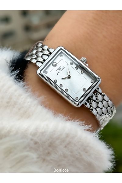 FERRO Brand Silver Color Steel Band, White Dial Rectangular Case Women's Wristwatch+Bracelet