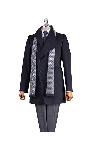 TerziAdemAltun Men's Wool Coat - Italian Style, Velev Collar, Black T13283