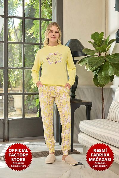 Aydoğan Women's Yellow Floral Print Pajamas Set - 95% Cotton, Long Sleeve, Crew Neck B6-3 - 240580   Aydogan ®