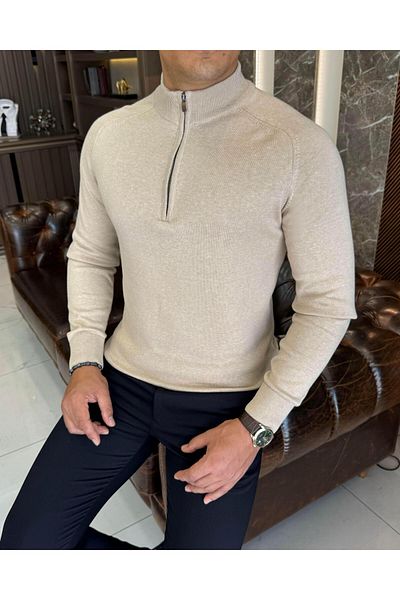 TerziAdemAltun Men's Beige Slim Fit Knitwear Sweater - Half Throat, Zippered T13107