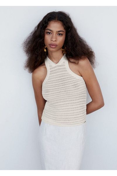 MANGO Woman Crochet Blouse with Halter Collar