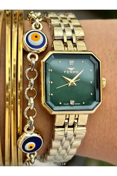 FERRO Brand Steel Cord, Yellow Color, Small Cornered Case Women's Wrist Watch + Evil Eye Beaded Bracelet
