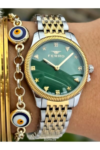 FERRO Women's Green Dial Wrist Watch and Bracelet with Yellow Color Steel Band - Butterfly and Star Pattern