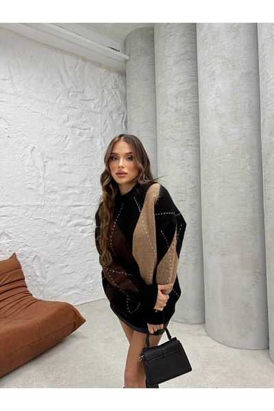 İLKCET MODA Дамски пуловер с голям размер и цветни блокове