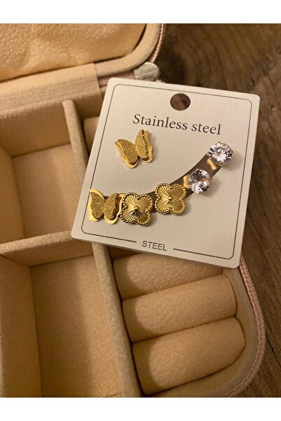 GUNESTAKI Gold Kelebek Yonca Zirkon Taşlı 3lü Çift Çelik Küpe Seti