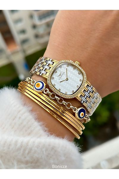FERRO Brand Steel Band, Yellow Silver Color, White Dial Women's Wrist Watch + Evil Eye Beaded Bracelet