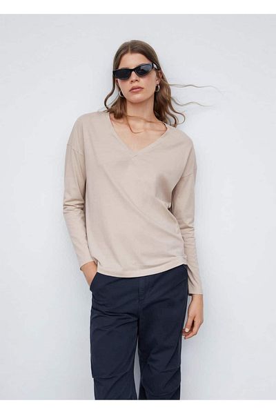 MANGO Woman Βαμβακερό μπλουζάκι με λαιμόκοψη σε V