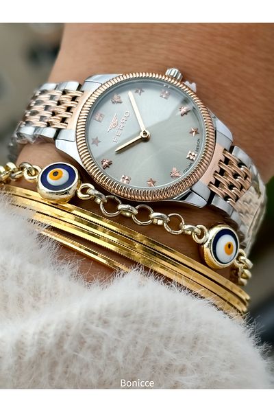 FERRO Brand Rose Color Steel Band with Gray Dial Figure (Butterfly, Star) Women's Wrist Watch + Bracelet