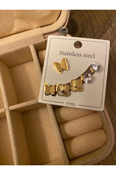 GUNESTAKI Gold Kelebek Yonca Zirkon Taşlı 3lü Çift Çelik Küpe Seti