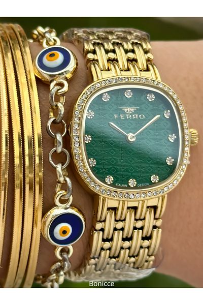 FERRO Brand Steel Band, Yellow Color, Green Dial Women's Wrist Watch + Evil Eye Beaded Bracelet