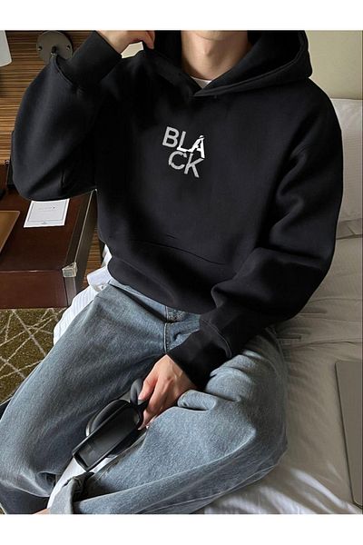 DEEPSENCE Μαύρο μπλουζάκι Unisex με κουκούλα Oversize - Σχέδιο ΜΑΥΡΟ ΕΚΤΥΠΩΜΕΝΟ