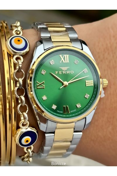 FERRO Brand Steel Band, Silver Yellow Color, Green Dial Women's Wrist Watch + Evil Eye Beaded Bracelet