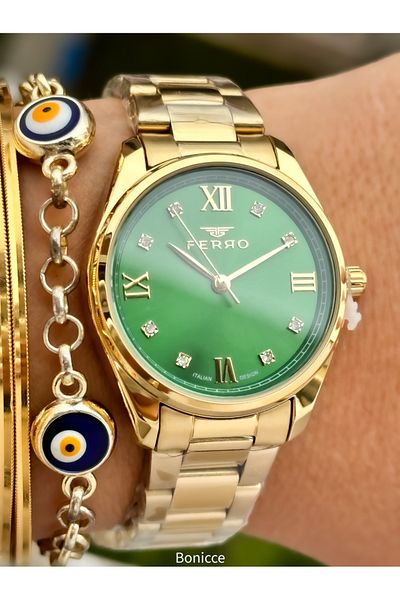 FERRO Brand Steel Band, Yellow Color, Green Dial Women's Wrist Watch + Evil Eye Beaded Bracelet