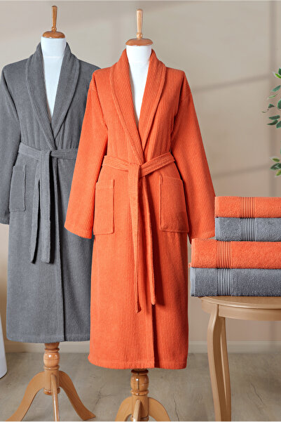Ellaline 6 Piece Striped Bathrobe Set 100% Cotton Certified, Şalyaka Family Dowry Bathrobe Set Gray Orange