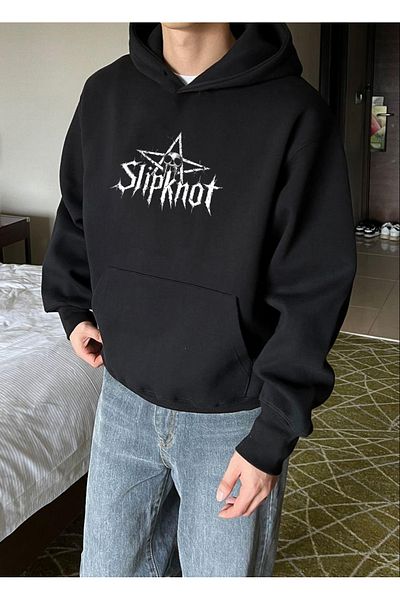 DEEPSENCE Μαύρο μπλουζάκι Unisex με κουκούλα Oversize - SLIPKNOT Μπροστινό τυπωμένο σχέδιο