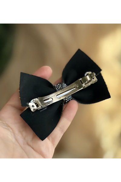 QUEEN AKSESUAR Imported Luxury French Model Complete Crystal Shiny Black Smoked Stone Paved Bow Automatic Buckle