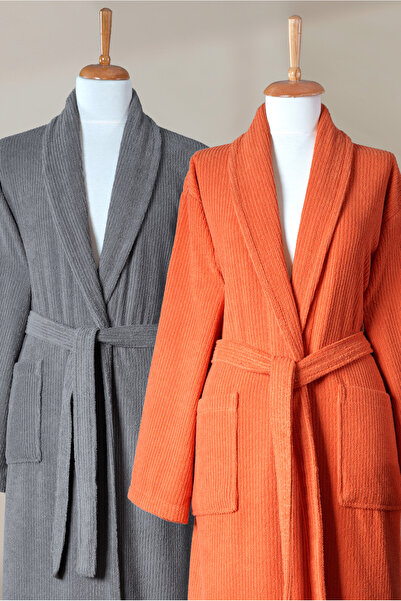 Ellaline 4 Piece Striped Bathrobe Set 100% Cotton Certified Family Towel Bathrobe Set Dowry Set Gray - Orange