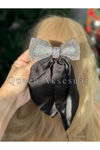 QUEEN AKSESUAR French Imported Automatic Buckle - Crystal Stone Black Satin with Scarf and Bow Detail