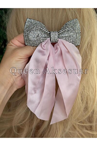 QUEEN AKSESUAR Pink Satin Scarf - Imported French Automatic Buckle with Crystal Stone Finish and Bow