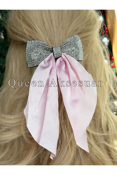 QUEEN AKSESUAR Pink Satin Scarf - Imported French Automatic Buckle with Crystal Stone Finish and Bow