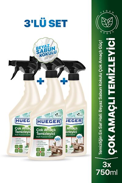 Hueger Vegan Multi-Purpose Cleaner – Powerful Cleaner with Foam & Spray Head, White Soap Scented Set of 3