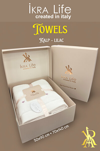 İKRALİFE Kalp Lila Premium Pamuklu 2 li banyo havlu seti 50x90*70x140 cm