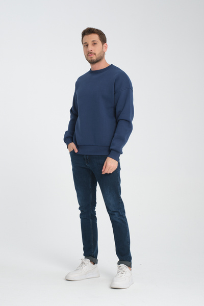 JBC İndigo Bisiklet Yaka Oversize Şardonlu Basic Erkek Sweatshirt