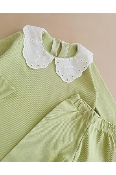 eymwes Baby Girl Child Lace Collar Stretchy Rib Fabric Seasonal Bottom Top Set