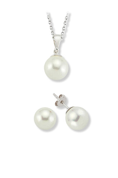 bymissmücevherat İnci Set Kolye Küpe Set 925 Ayar Gümüş 10 Mm