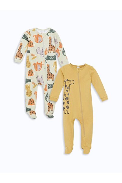 LC Waikiki Baby Yellow Crew Neck Long Sleeve Printed Baby Boy Romper 2Pcs