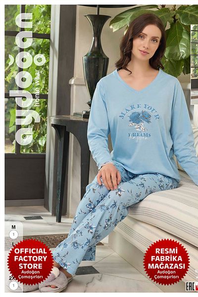 Aydoğan Set pijama Atlas albastru - decolteu în V, mânecă lungă, gât crew - B9-4 - 240621   - Aydogan ®