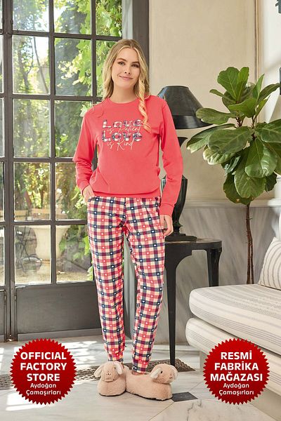 Aydoğan Pink Pajama Set for Women - 95% Cotton, Long Sleeve, Crew Neck - Aydogan ®