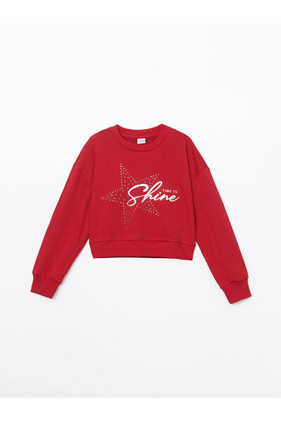 LC Waikiki Red Crew Neck Stone Embellished Girls' Sweatshirt
