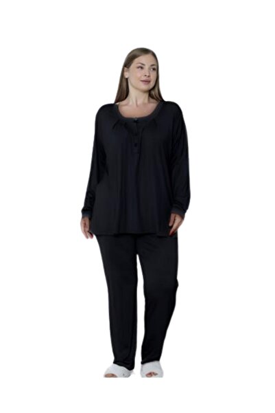 LİMİSSİ Limissi Viscose Plus Size Black Pajamas Set 100% Cotton