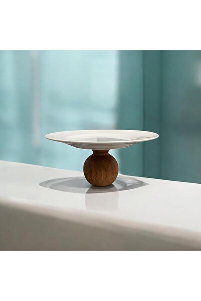 zagorwood Wooden Based 27 cm Ceramic Decorative Dessert Pastry Cake Presentation / Serving Stand Plate