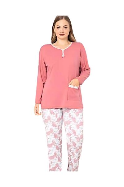 Chordi Büyük Beden Desenli Pamuk Kadın Pijama Takımı (Pudra)