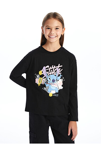 LC Waikiki Black Crew Neck Printed Long Sleeve Girls' T-Shirt