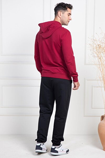 Mecit Pijama Mecit 2975 Claret Red 100% Cotton Hooded Sports Model Large Size Men's Pajamas Set