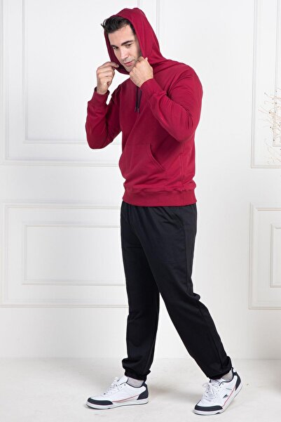 Mecit Pijama Mecit 2975 Бордовий 100% бавовна Спортивний модель з капюшоном Великий розмір Чоловічий піжамний комплект