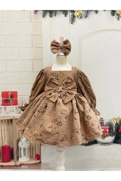 Nissa Light Brown Patterned Velvet Girl's Dress