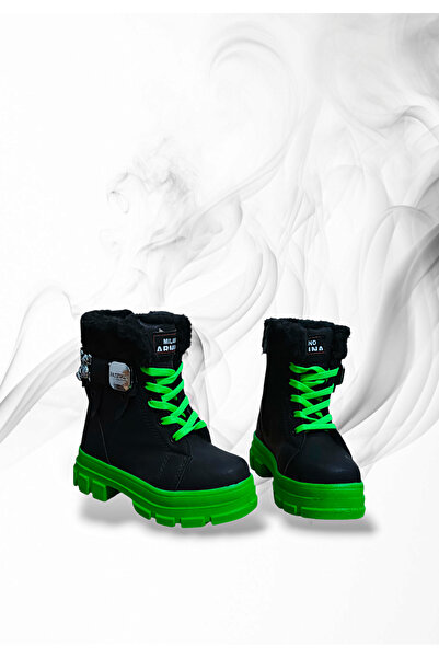 MODA İçi Yünlü,Figürlü,Bağcıklı,Fermuarlı,Kaydırmaz Taban,Hafif,Su Geçirmez,Kız Çocuk Siyah-Yeşil Bot