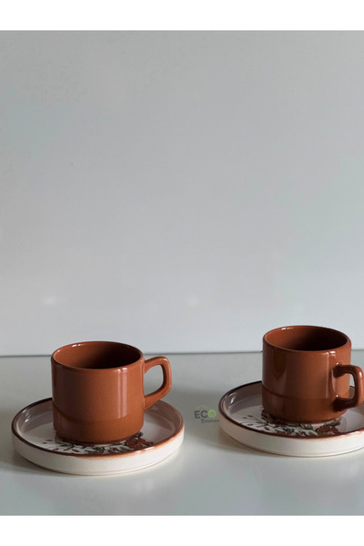 ECO KİTCHEN 2'li Seramik Çay Fincan Takımı Tabaklı,Stackable Tabak,Çay Takımı