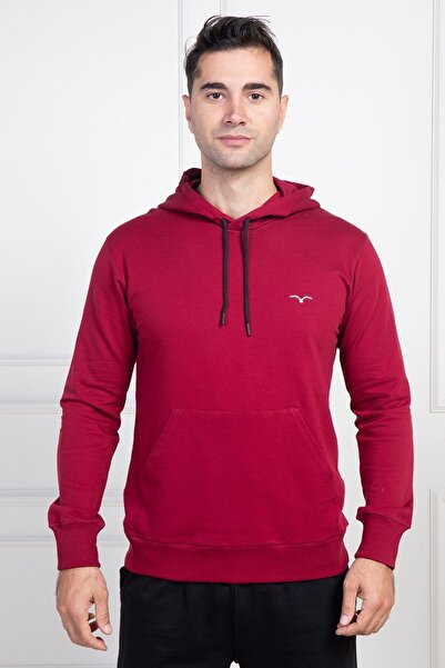 Mecit Pijama Mecit 2975 Claret Red 100% Cotton Hooded Sports Model Large Size Men's Pajamas Set