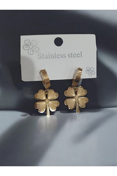 G&M Gift Shop Clover Detailed Earrings Female Earrings Steel Earrings Gold Color