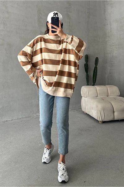 Moda Rosa 25K4426 - Coffee - Thick Stripes Oversize Sweat