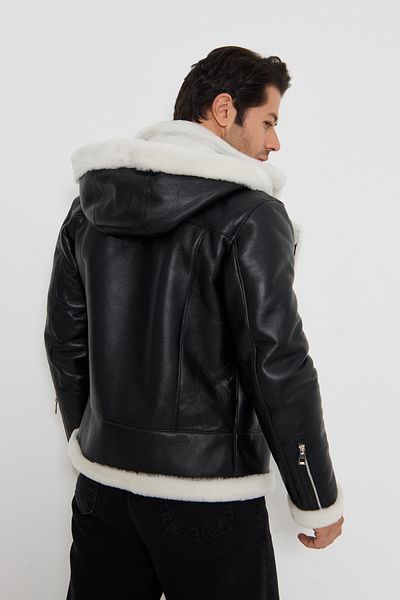 By Marki Marki Men's White Genuine Sheepskin Hooded Coat - Black, Detachable with Zipper - 501522